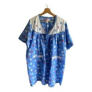 VTG Moon Dance XL Pearl Snap Housecoat Blue Daisy‎ Cherry Granny Core Retro